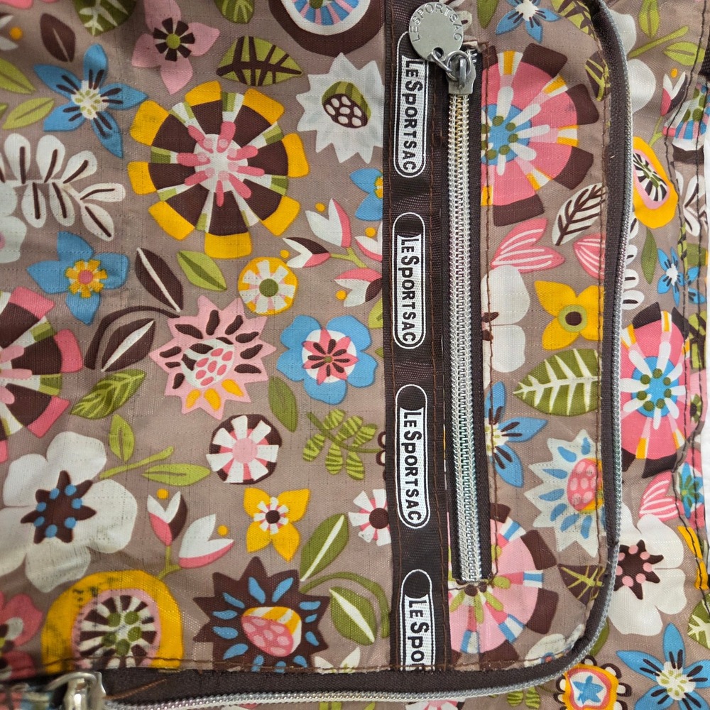 LeSportsac Floral Ripstop Nylon Tote Bag Brown Multicolor Packable Zippered - Picture 2 of 6
